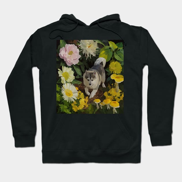 watercolor flowers surrounding a wild Kishu Hoodie by Catbrat